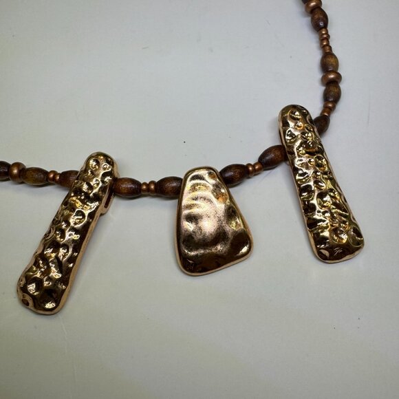 Vintage Boho Necklace Wood Beads & 3 Copper Tone Pendants 18 inches - Picture 6 of 8